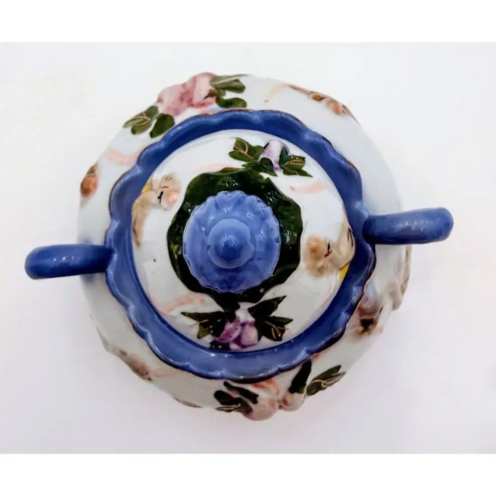 Vintage Duck & Floral Covered Sugar Bowl Hand Painted Ceramic